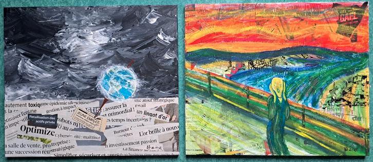 Duo peintures collage et acrylique 'le monde va mal', Antiquités & Art, Art | Peinture | Classique, Enlèvement ou Envoi