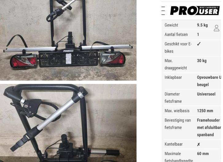 Pro user diamant 1, Auto diversen, Fietsendragers, Zo goed als nieuw, Trekhaakdrager, 1 fiets, Brede banden, Elektrische fiets