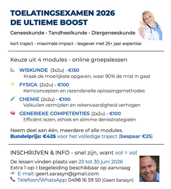Toelatingsexamen Geneeskunde - ULTIEME BOOST, Services & Professionnels, Cours particuliers, Cours privés & Cours de langue, Leçon particulière