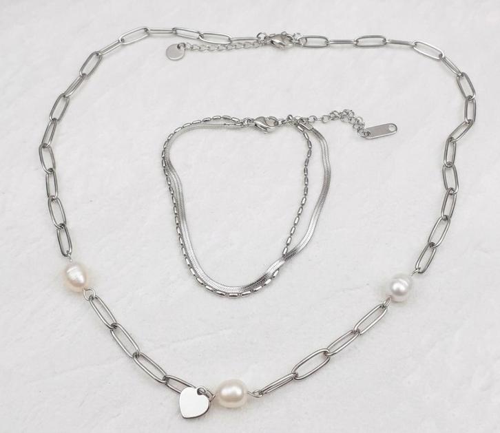 Juwelenset zilver met zoetwaterparel, Bijoux, Sacs & Beauté, Colliers, Neuf, Pierre ou Minéral, Argent, Avec pierre précieuse