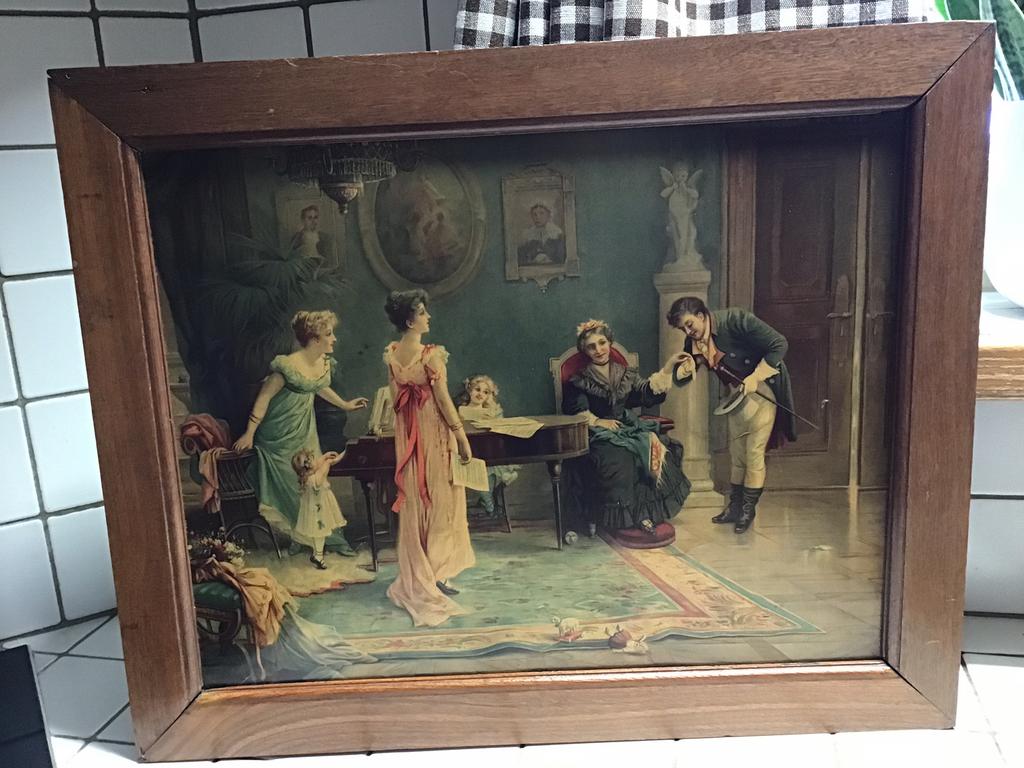 Oude prent in eiken kader, Ophalen of Verzenden