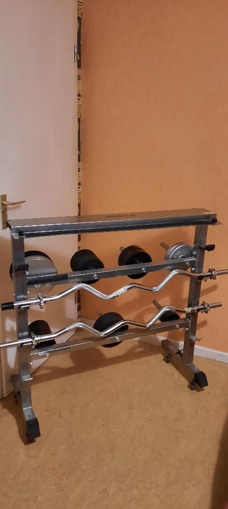 A vendre Support haltères-Barres-Disques, Enlèvement, Utilisé, Bras
