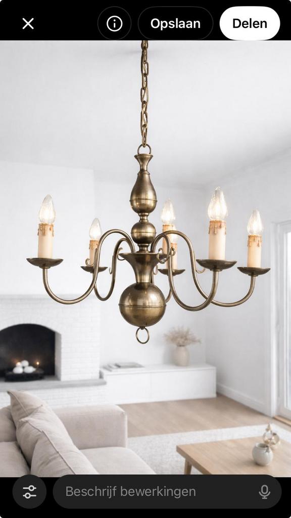 Antiek messing hanglamp / kroonluchter – 5 lichtpunten, Huis en Inrichting, Lampen | Kroonluchters, Zo goed als nieuw, Ophalen