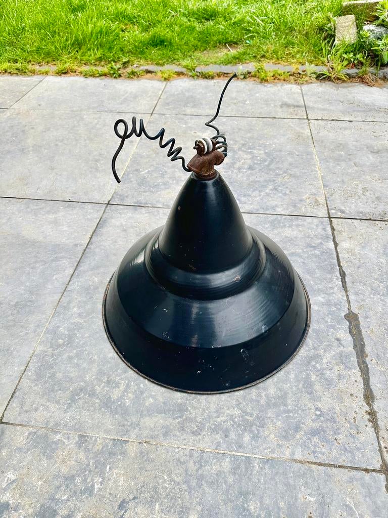Authentiek vintage industriële plafondlamp, Huis en Inrichting, Lampen | Hanglampen, Gebruikt, Minder dan 50 cm, Metaal, Ophalen of Verzenden