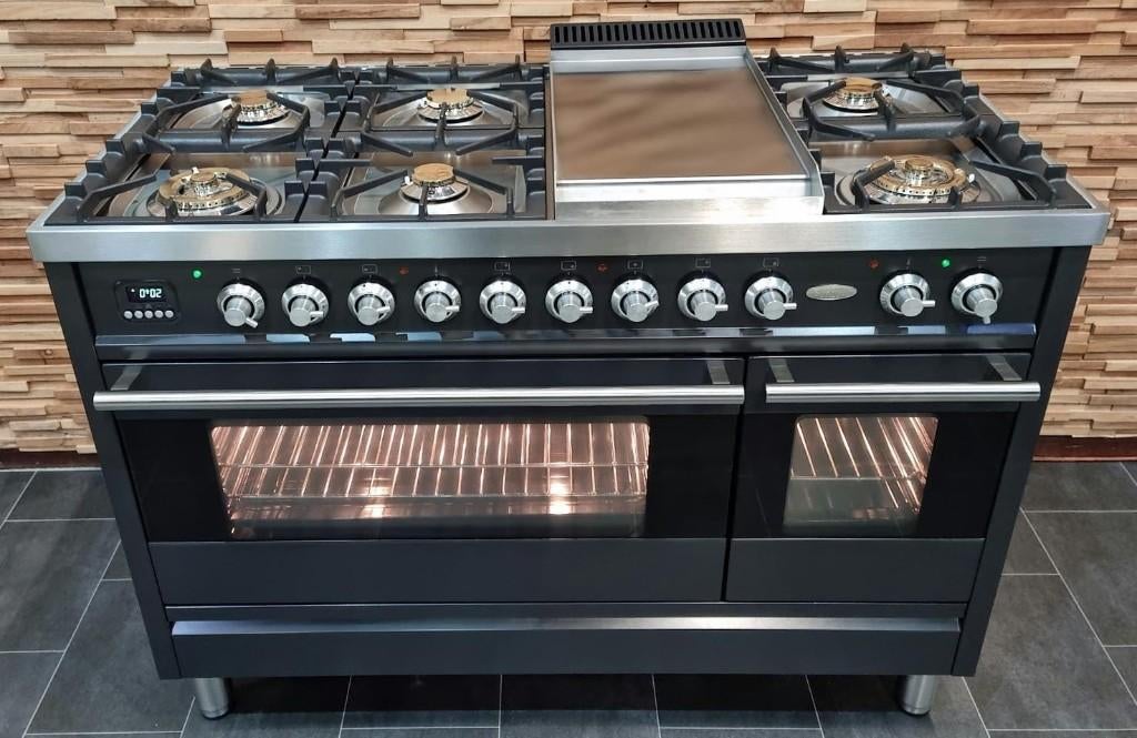 🔥Luxe Boretti Fornuis 120cm antraciet + rvs 7 pits Frytop, Electroménager, Cuisinières, Comme neuf, Autoportant, 5 zones de cuisson ou plus