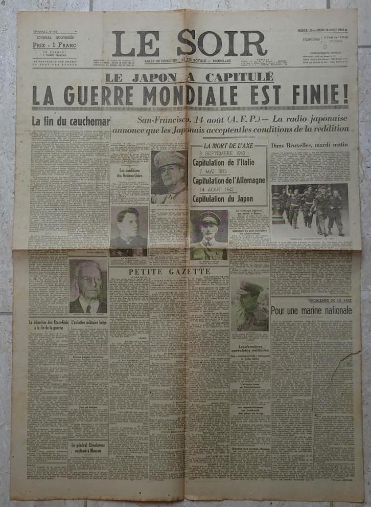 8 kranten Le Soir 1945 (einde wereldoorlog 2), Verzamelen, Tijdschriften, Kranten en Knipsels, Krant, 1940 tot 1960, Ophalen of Verzenden