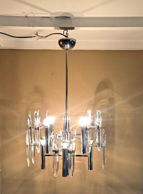 Kroonluchter in verchroomd messing en kristal van Gaetano Sc, Huis en Inrichting, Lampen | Vloerlampen, Zo goed als nieuw, Glas
