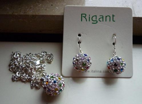 Set Zilverkleurig ketting hanger oorbellen bol Strass multi, Handtassen en Accessoires, Kettingen, Zilver, Wit, Met hanger, Ophalen of Verzenden