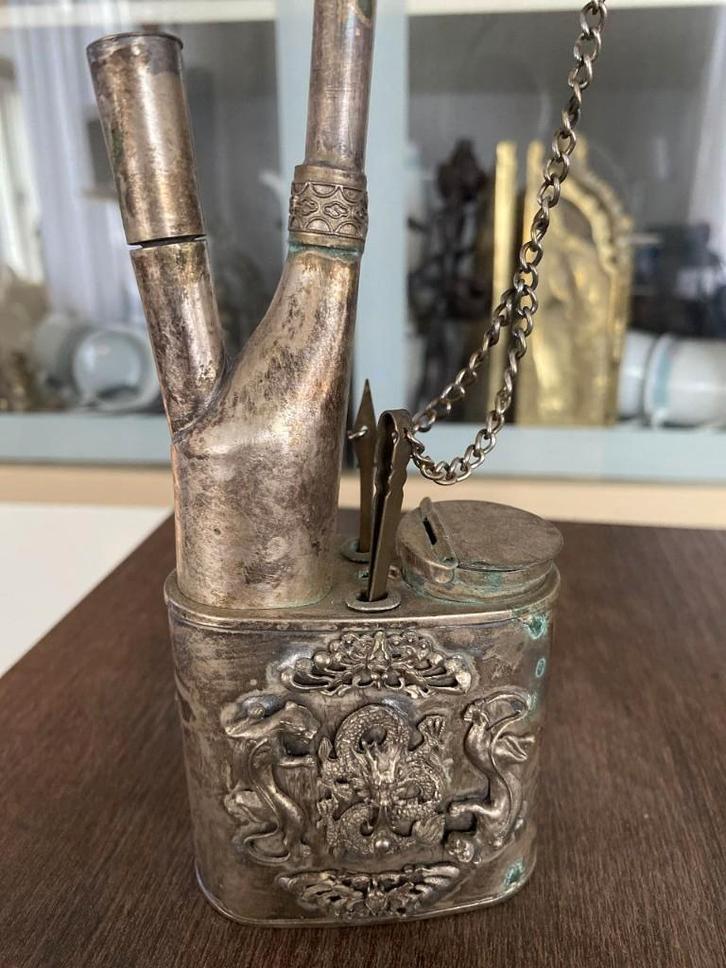 Tibetaanse Zilveren Draak Phoenix Rookpijp, Antiek en Kunst, Kunst | Niet-Westerse kunst, Ophalen of Verzenden