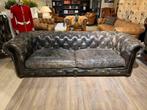 Stoere Chesterfield 3 Zits bank Vintage Zwart zetel leer, Ophalen of Verzenden