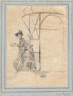 Jeanne Rongier potloodtekening "Balkonscène", gesigneerd, Ophalen