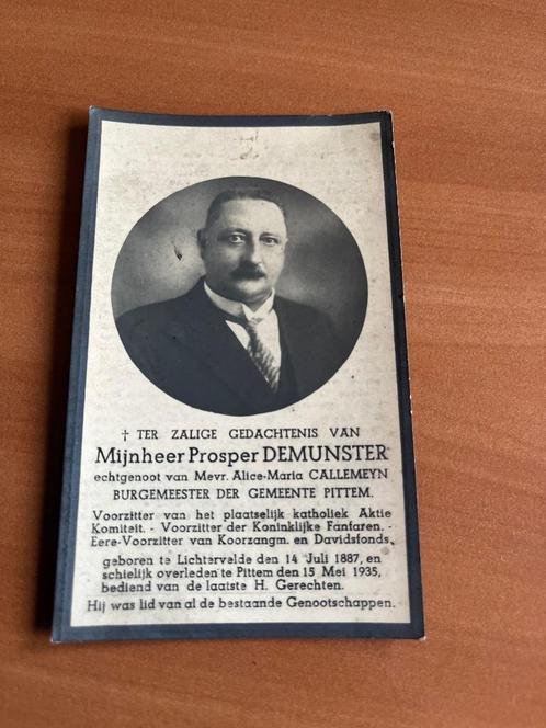 P. Demunster  Lichtervelde 1887-Burgemeester Pittem + 1935, Collections, Images pieuses & Faire-part, Carte de condoléances, Envoi