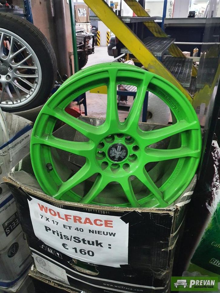 Velg GROEN 17 SPAAKS WOLF RACE 17 INCH 7J ET 40 NIEUW WOLFRA, Auto-onderdelen, Banden en Velgen, Velg(en), 17 inch, Personenwagen