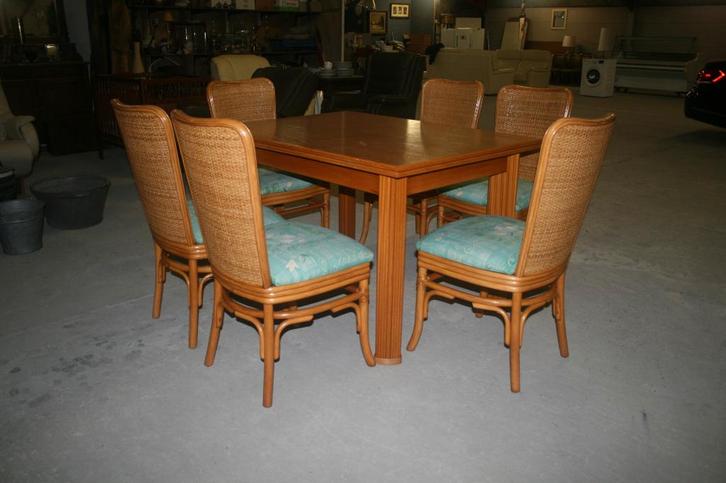 Table à manger + 6 chaises en rotin en parfait état, Maison & Meubles, Chaises, Utilisé, Cinq, Six Chaises ou plus, Bois, Autres couleurs