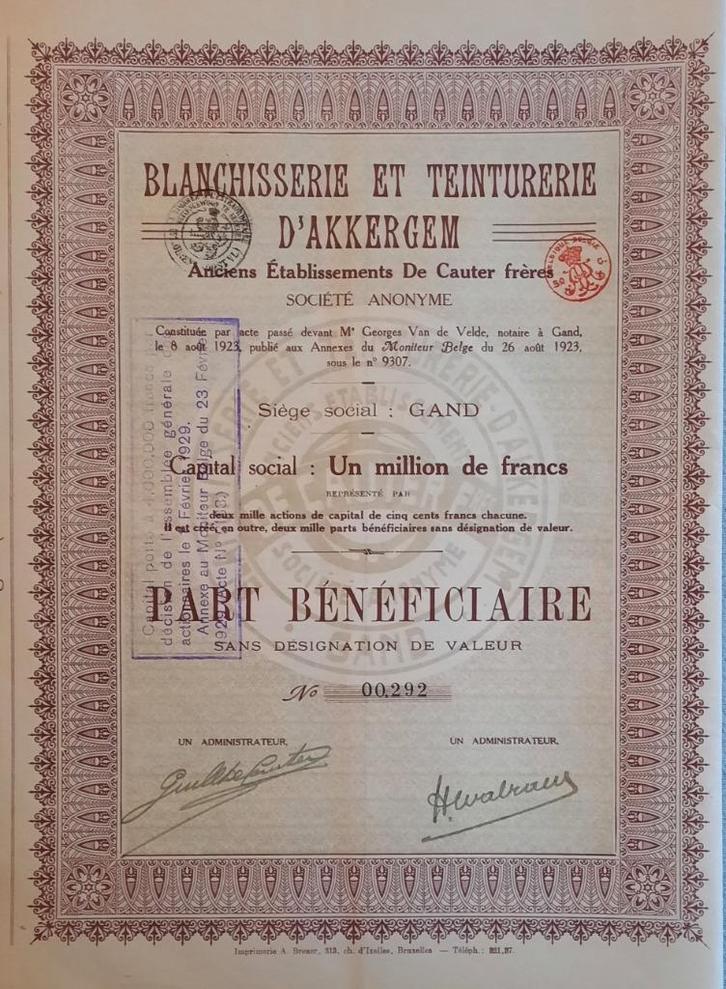 Blanchisserie et Teinturerie d'Akkergem  - Gand -  1923, Postzegels en Munten, Aandelen en Waardepapieren, Aandeel, 1920 tot 1950