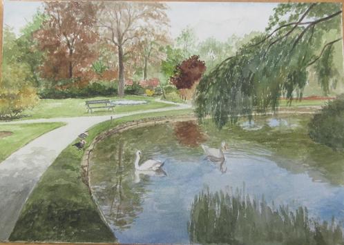 Aquarel L. Boschmans - Vrijbroekpark Mechelen Kleine Vijver, Antiek en Kunst, Kunst | Schilderijen | Klassiek, Ophalen of Verzenden