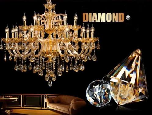Grote Designer Kroonluchter 18 Arms Diamond Gold Incl. Led's, Huis en Inrichting, Lampen | Hanglampen, Nieuw, Ophalen of Verzenden