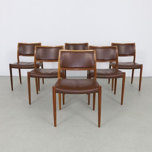 6x Leather Dining Chair model 80 by Niels Møller, 1960s, Huis en Inrichting, Stoelen, Gebruikt, Ophalen of Verzenden