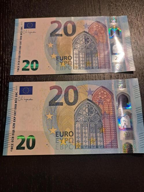 2015 Allemagne 2 x 20 euros numéros de série consécutifs, Timbres & Monnaies, Billets de banque | Europe | Euros, Série, Allemagne