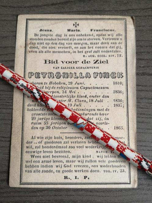 Zuster Clara Finck Hoboken 1810 Capucienessen 1865, Verzamelen, Bidprentjes en Rouwkaarten, Ophalen of Verzenden