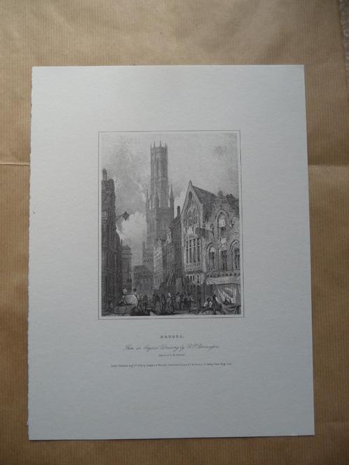 PRINT VAN OUDE GRAVURE : ZICHT OP BRUGGE, Antiek en Kunst, Kunst | Etsen en Gravures, Ophalen of Verzenden