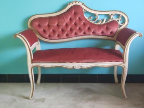 Bankje, vintage, rococo, Louis XV, roze fluweel, Antiek en Kunst, Antiek | Meubels | Stoelen en Sofa's, Ophalen
