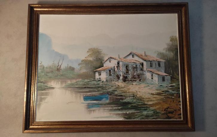 Huile sur toile signée, paysage au bord de l'eau avec barque, Antiquités & Art, Art | Peinture | Classique, Enlèvement