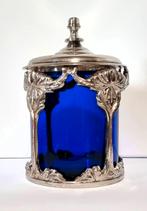 Blauw glazen pot met zwaar verzilverde monturen., Ophalen of Verzenden