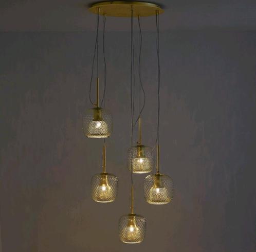 Retro hanglamp 5 bollen, Maison & Meubles, Lampes | Suspensions, Comme neuf, 75 cm ou plus, Verre, Métal, Enlèvement