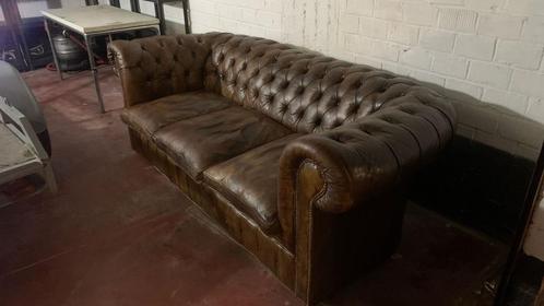 CHESTERFIELD 3-zitscollectie bank bruin gepatineerd leer, Huis en Inrichting, Zetels | Zetels, Gebruikt, Hout, Leer, Ophalen