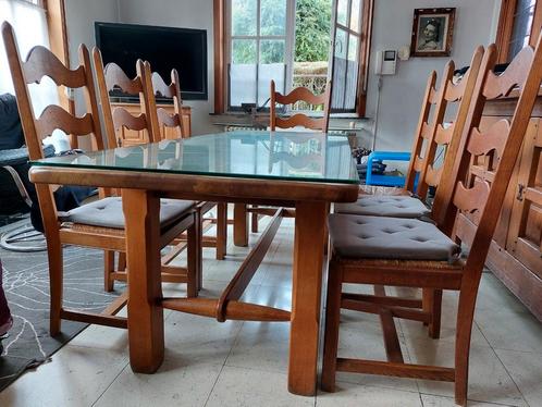 Table à manger en chêne + verre + 7 chaises, Maison & Meubles, Salles à manger complètes, Utilisé, Enlèvement