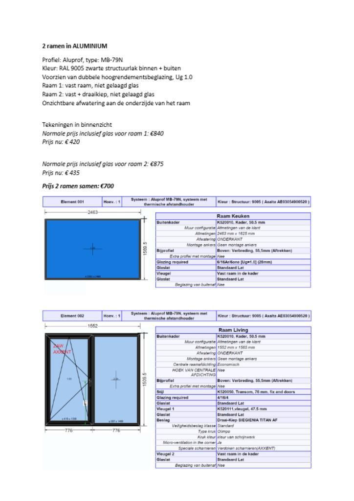 2 zwarte ALU ramen - NIEUW, Doe-het-zelf en Bouw, Glas en Ramen, Nieuw, Gevelraam of Ruit, 120 tot 160 cm, 160 cm of meer, Dubbelglas