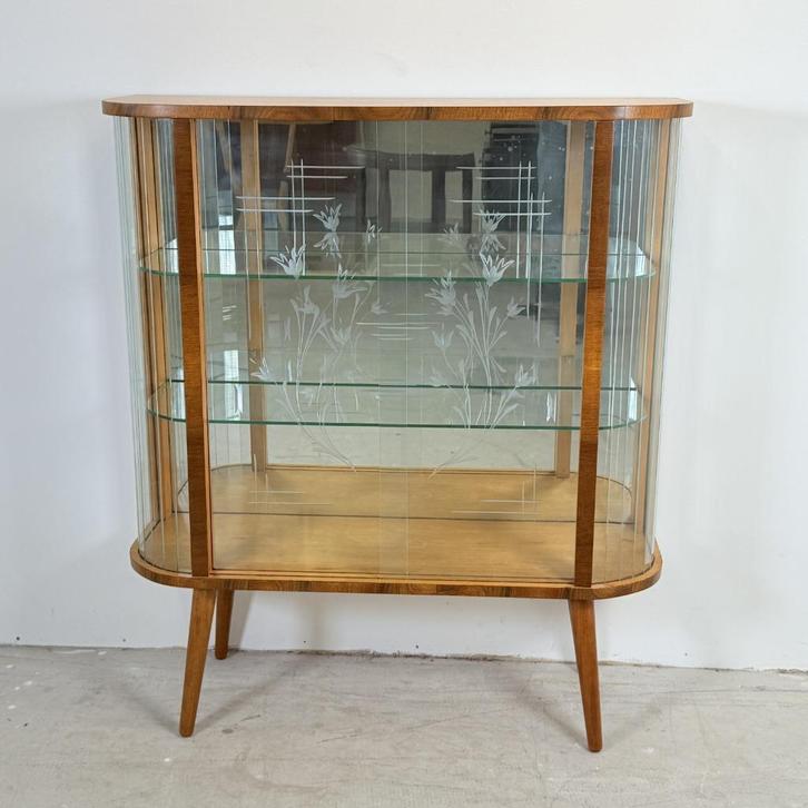 Stijlvolle art-deco vitrine “Pauline” met bloemgravure, Huis en Inrichting, Kasten | Vitrinekasten, Zo goed als nieuw, 100 tot 150 cm