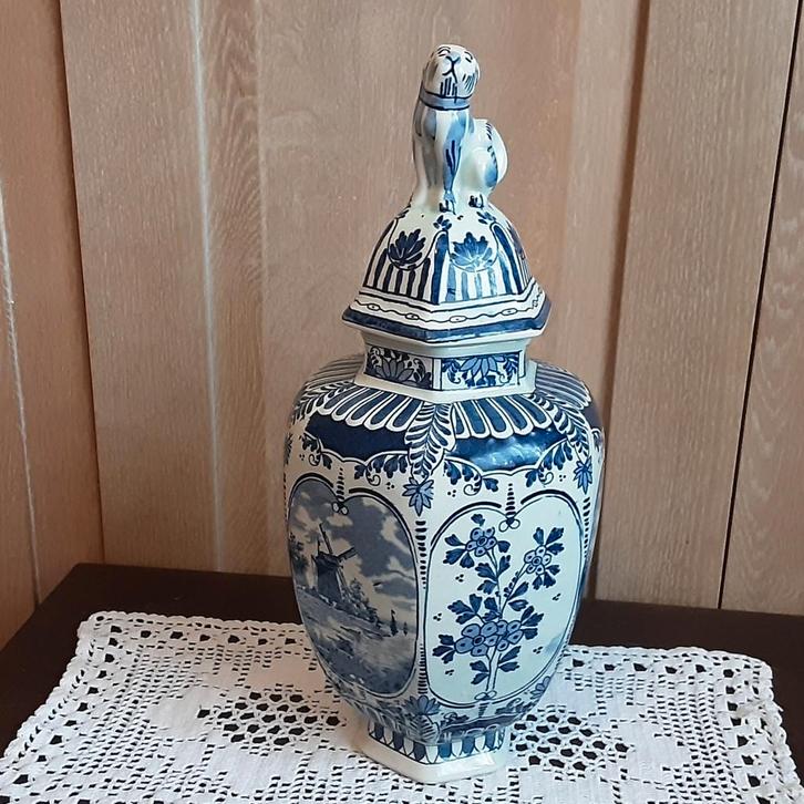 Vintage zeer mooie Delft Blauwe vaas met deksel H35cm, Antiek en Kunst, Antiek | Vazen, Ophalen of Verzenden