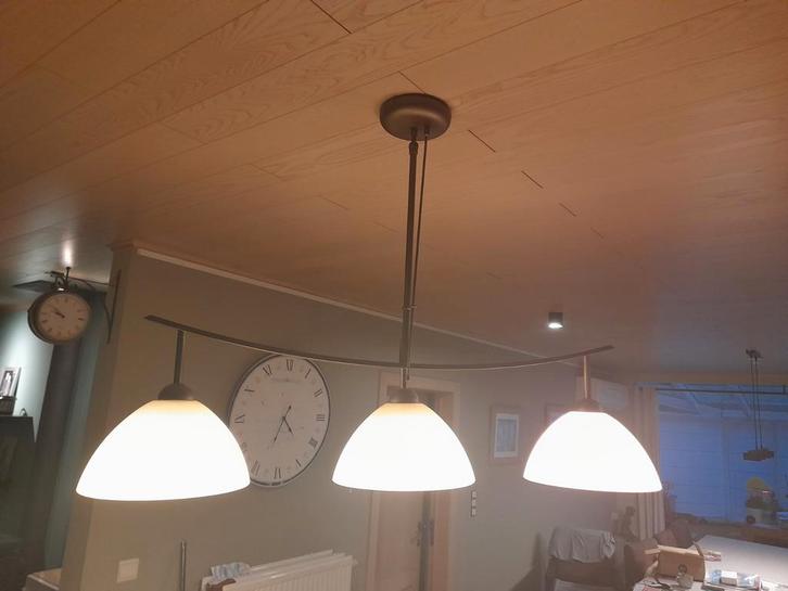Hanglamp met 3 lichtpunten, Huis en Inrichting, Lampen | Hanglampen, Gebruikt, 50 tot 75 cm, Glas, Metaal, Ophalen