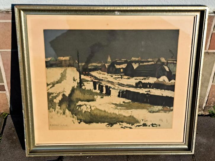 Gravure paysage enneige signe armand apol, Antiek en Kunst, Kunst | Etsen en Gravures, Ophalen of Verzenden