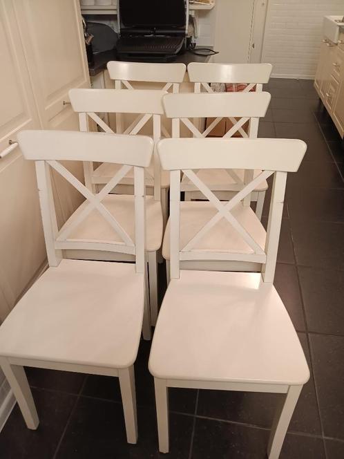 6 eetkamerstoelen Ikea Ingolf massief hout, Huis en Inrichting, Stoelen, Zo goed als nieuw, Vijf, Zes of meer stoelen, Hout, Wit