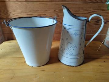 Seau et carafe à eau en émail blanc, Enlèvement ou Envoi