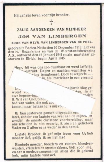 Oorlog. Van Limbergen Jos. ° Baelen-Nethe 1913 † Elrich 1945, Ophalen of Verzenden