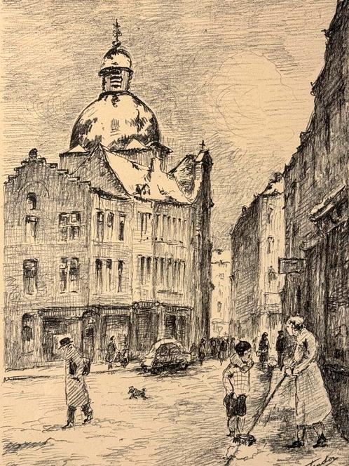Albert DANDOY « Namur rue de Bruxelles » dessin lithographié, Antiek en Kunst, Kunst | Schilderijen | Klassiek