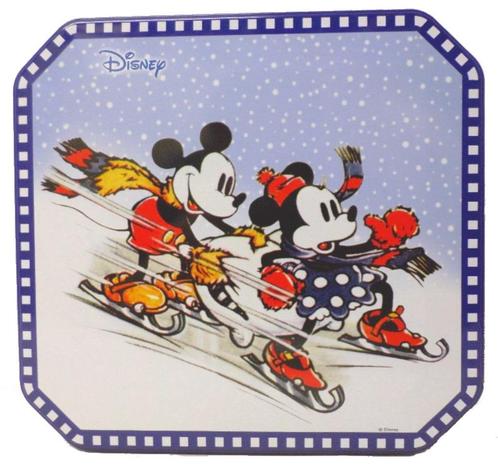 Boîte en Fer Mickey et Minnie en patins à glaces, Collections, Boîte en métal, Utilisé, Biscuits, Autres marques, Enlèvement ou Envoi