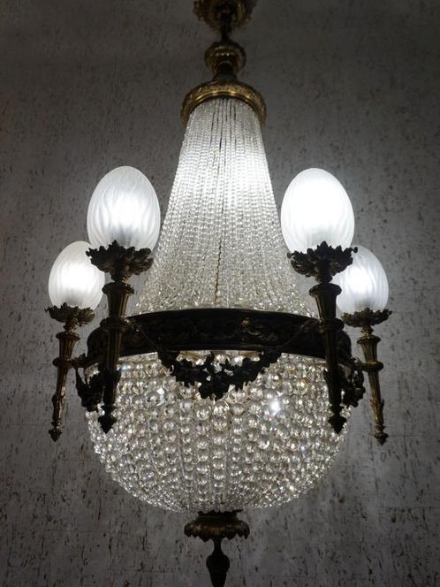 Grote antieke Zakkroonluchter Kasteellamp Sac-a-perle, Huis en Inrichting, Lampen | Kroonluchters, Gebruikt, Glas, Ophalen