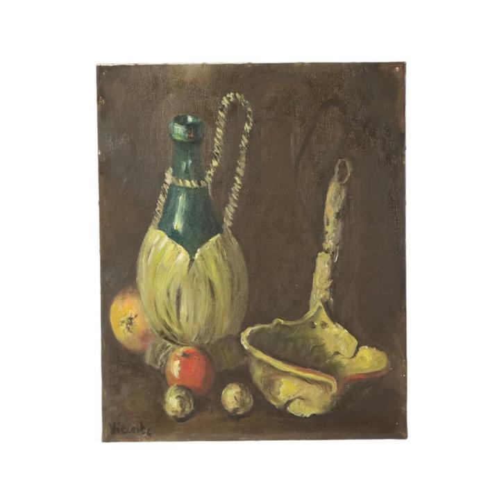 Stilleven met Wijn en Fruit Schilderij Olieverf op Doek Gesi, Antiek en Kunst, Kunst | Schilderijen | Klassiek, Ophalen of Verzenden