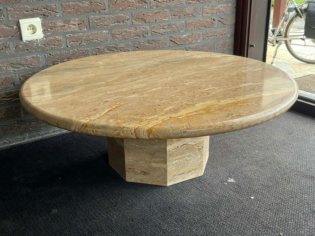 Design salontafel - gold travertine - rond - 90 diameter, Huis en Inrichting, Tafels | Bijzettafels, Zo goed als nieuw, Rond, Minder dan 45 cm