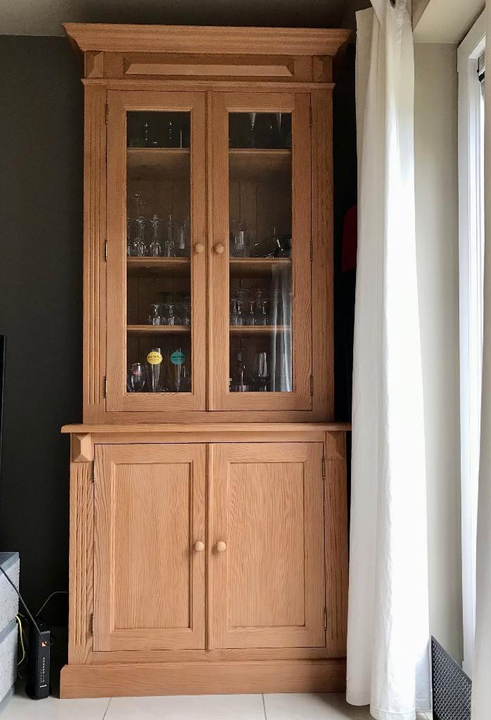 Buffet + glas 2 deuren massief grenen, Huis en Inrichting, Kasten | Buffetkasten, Zo goed als nieuw, 100 tot 150 cm, 50 tot 100 cm