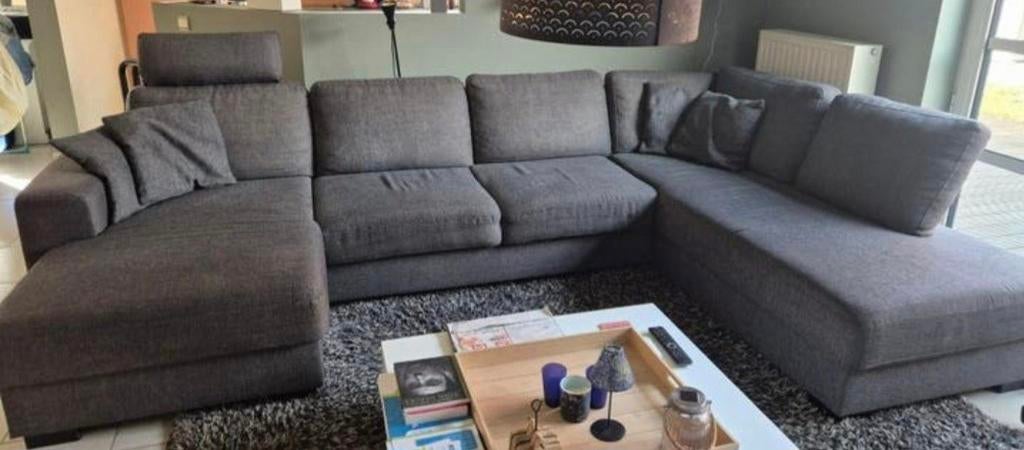 Grijze zetel in stof afm: Breedte 335 x H. 86 x D. 154/212cm, Ophalen