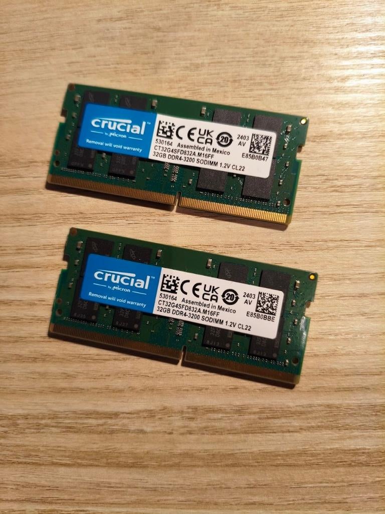 64GB RAM (Crucial 2 x 32GB DDR4-3200 SODIMM CT32G4SFD832A), Computers en Software, RAM geheugen, DDR4, Ophalen of Verzenden, Zo goed als nieuw