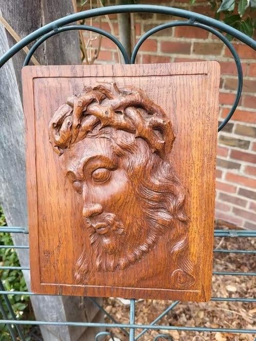 Antiek Houtsnijwerk Jezus met Doornenkroon – A. Flament 1940, Antiek en Kunst, Ophalen of Verzenden