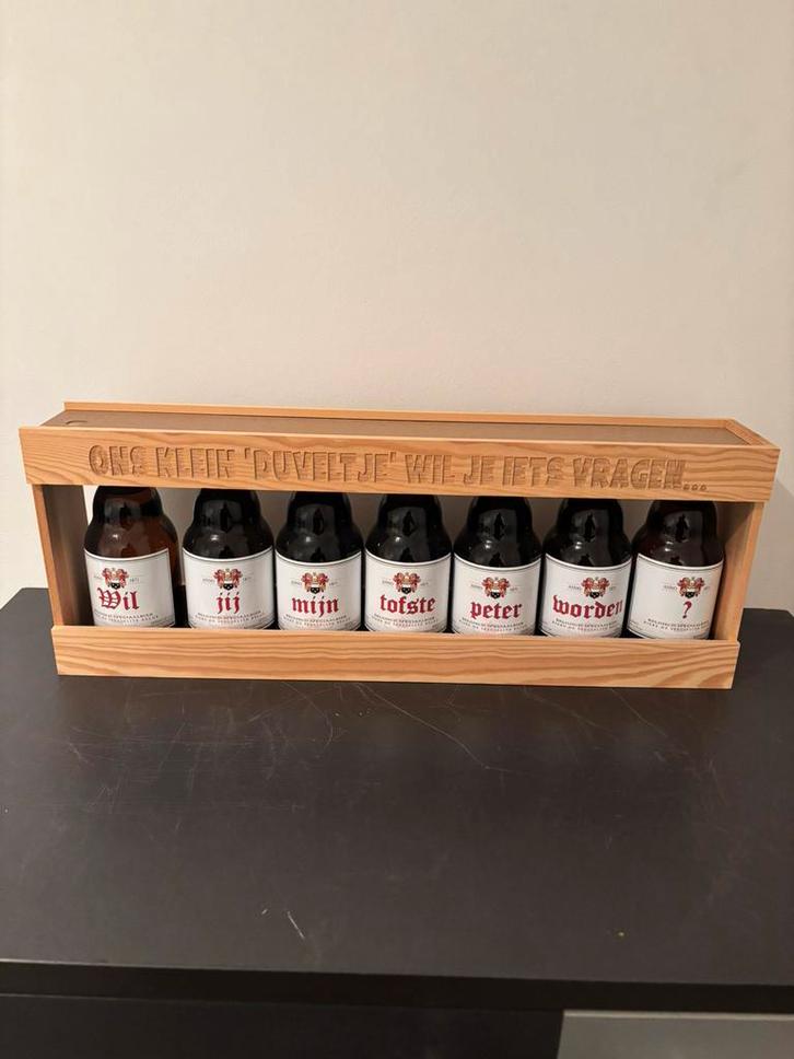 Duvel flessen pakket, wil jij mijn tofste peter worden?, Collections, Marques de bière, Comme neuf, Bouteille(s), Duvel, Enlèvement ou Envoi