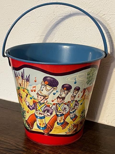 Vintage blikken speelgoed emmertje met fanfare, Ophalen